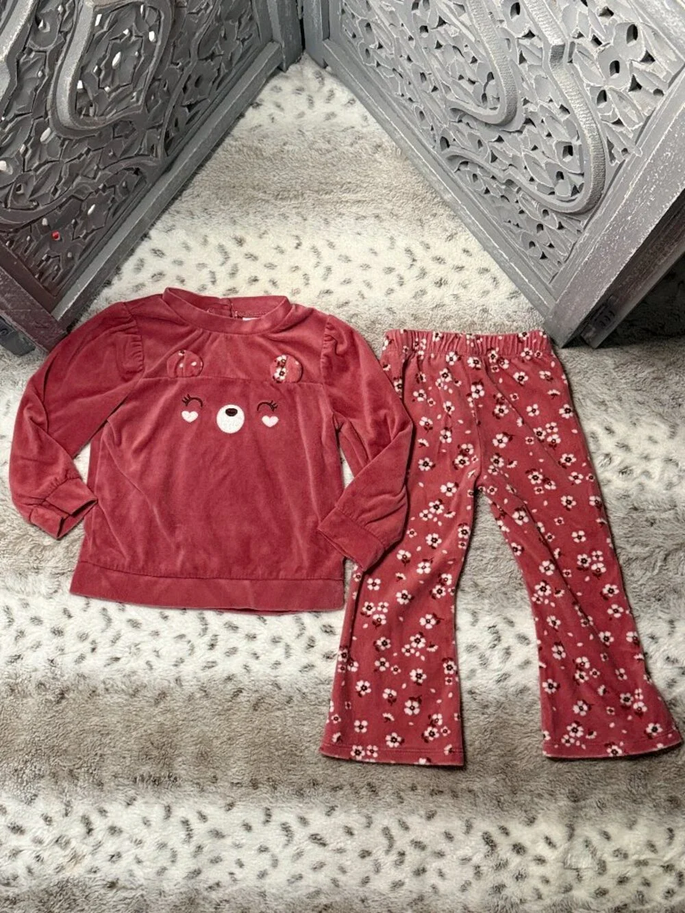 Little Lass pink fleece matching set girls 2T teddy bear floral girlhoodcore